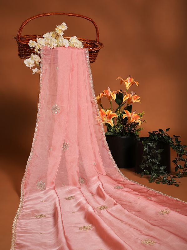 Globus Women Peach Sequinned & Embroidered Scalloped Border Organza Festive Dupatta