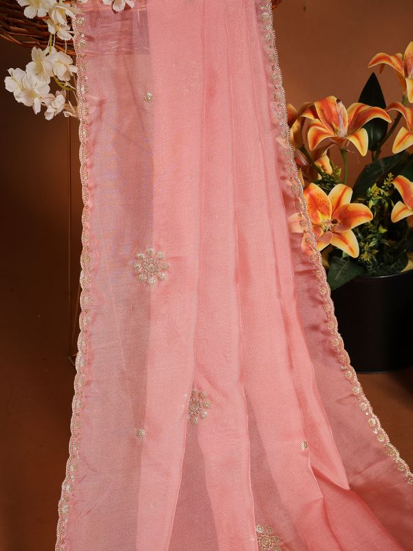 Globus Women Peach Sequinned & Embroidered Scalloped Border Organza Festive Dupatta
