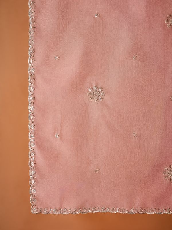 Globus Women Peach Sequinned & Embroidered Scalloped Border Organza Festive Dupatta