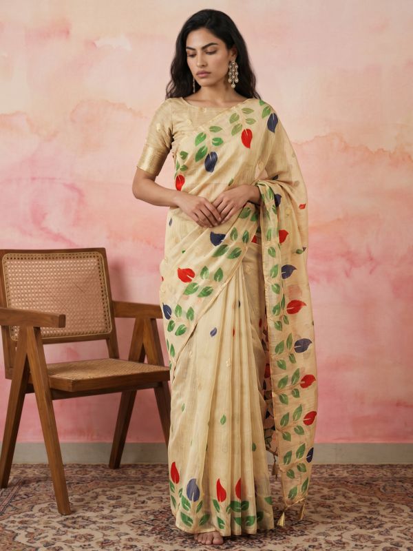 Globus Women Beige Cotton Silk Floral Woven Design Hand Knotted Tassel Border Saree With Unstitched Blouse Piece