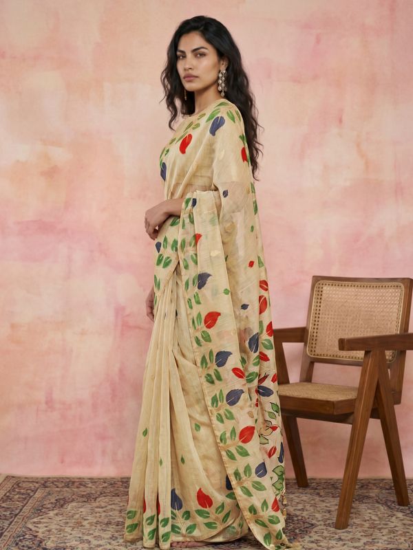 Globus Women Beige Cotton Silk Floral Woven Design Hand Knotted Tassel Border Saree With Unstitched Blouse Piece
