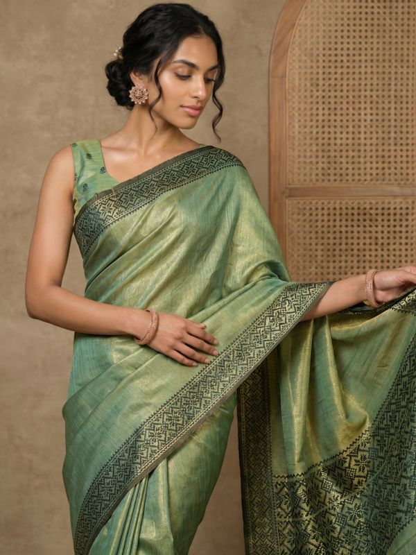 Globus Women Green Tissue Silk Ethnic Woven Design Striped Border Festive Saree With Unstitched Blouse Piece