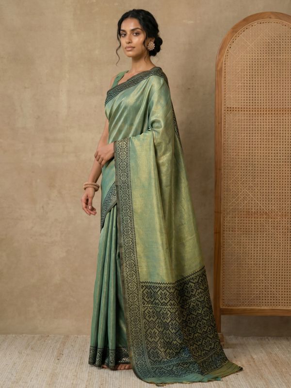 Globus Women Green Tissue Silk Ethnic Woven Design Striped Border Festive Saree With Unstitched Blouse Piece