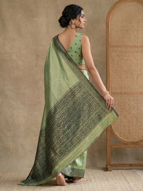 Globus Women Green Tissue Silk Ethnic Woven Design Striped Border Festive Saree With Unstitched Blouse Piece