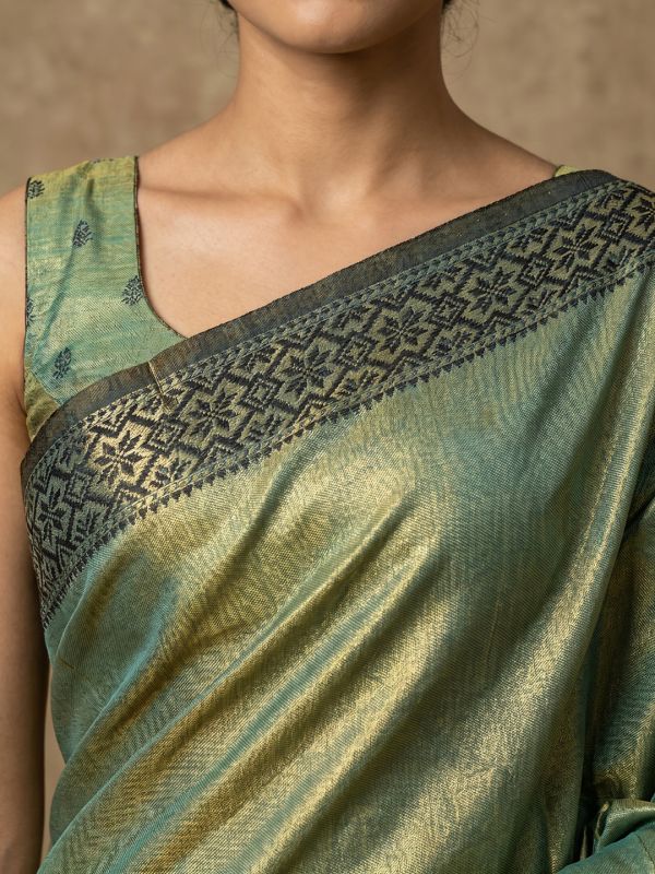 Globus Women Green Tissue Silk Ethnic Woven Design Striped Border Festive Saree With Unstitched Blouse Piece