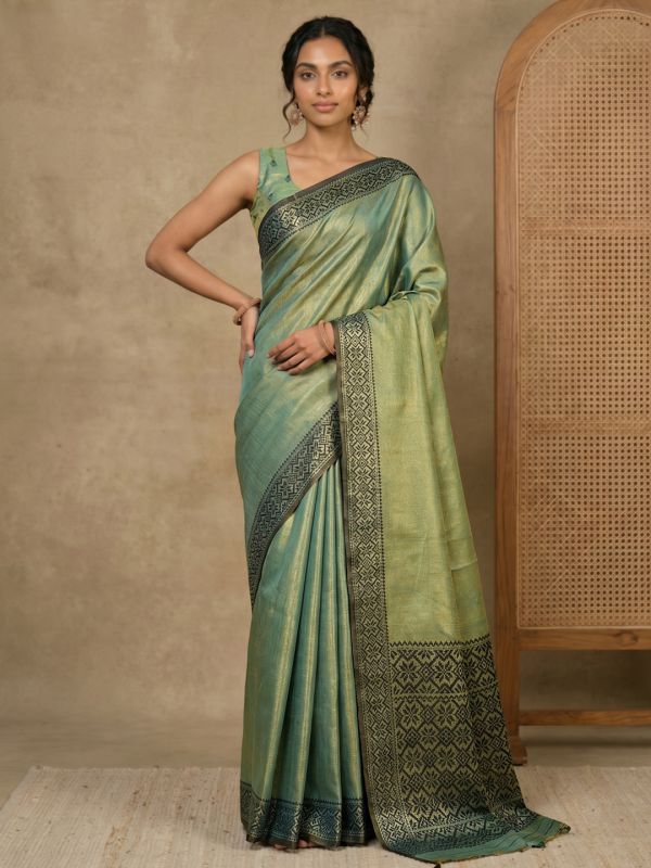 Globus Women Green Tissue Silk Ethnic Woven Design Striped Border Festive Saree With Unstitched Blouse Piece
