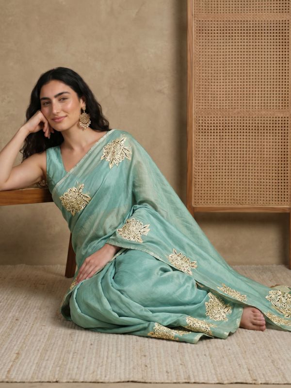Globus Women Teal Cotton Silk Gold Floral Printed Saree With Unstitched Blouse Piece
