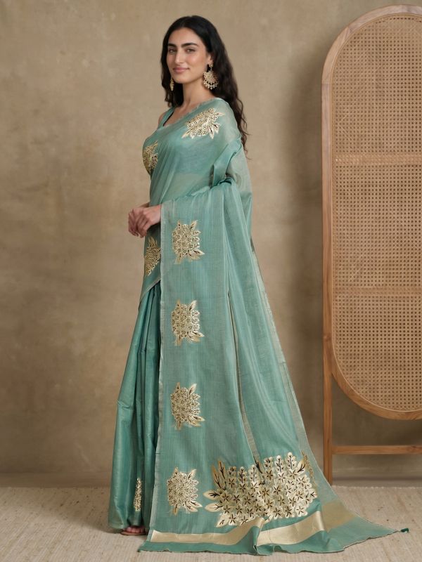 Globus Women Teal Cotton Silk Gold Floral Printed Saree With Unstitched Blouse Piece