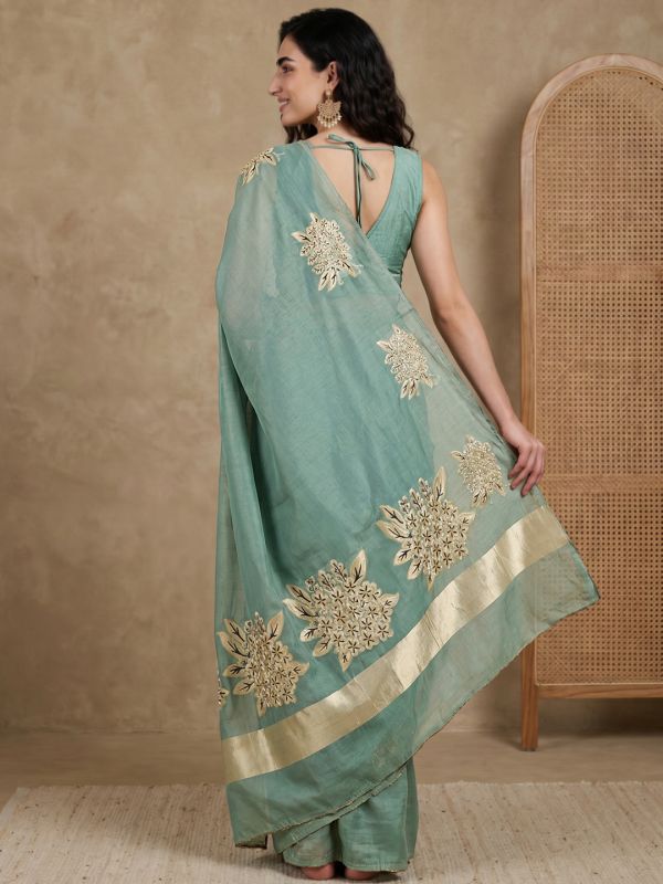 Globus Women Teal Cotton Silk Gold Floral Printed Saree With Unstitched Blouse Piece