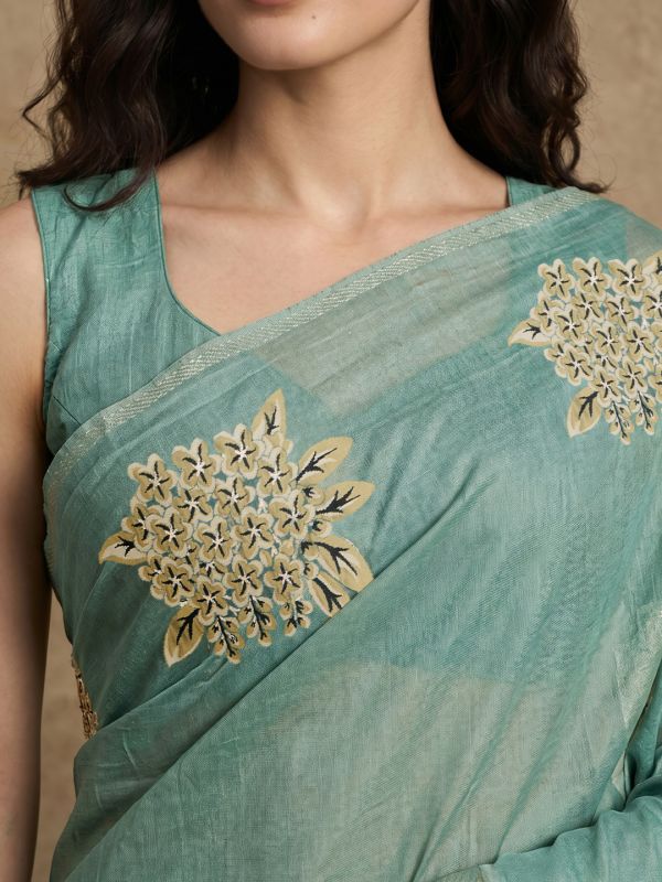 Globus Women Teal Cotton Silk Gold Floral Printed Saree With Unstitched Blouse Piece