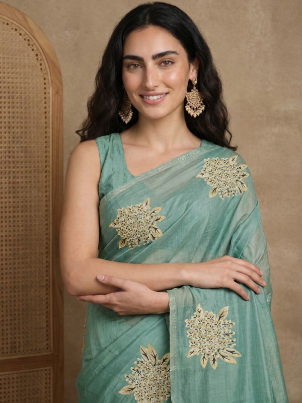Globus Women Teal Cotton Silk Gold Floral Printed Saree With Unstitched Blouse Piece