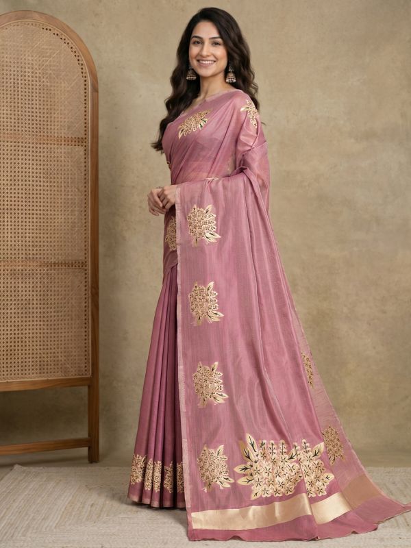 Globus Women Mauve Cotton Silk Gold Floral Printed Saree With Unstitched Blouse Piece