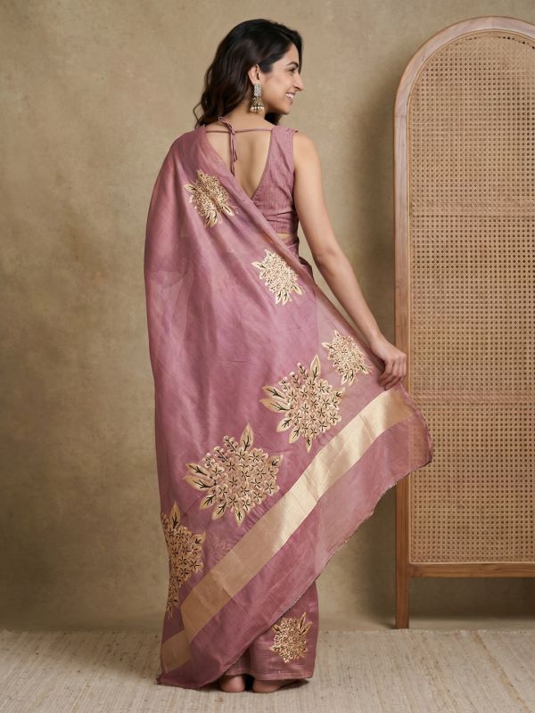 Globus Women Mauve Cotton Silk Gold Floral Printed Saree With Unstitched Blouse Piece