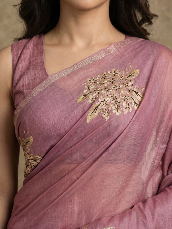 Globus Women Mauve Cotton Silk Gold Floral Printed Saree With Unstitched Blouse Piece