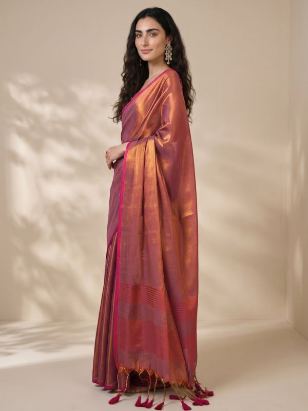 Globus Women Pink Tissue Silk Solid Shiny Striped Twisted Cord Tassel Border Festive Saree With Unstitched Blouse Piece