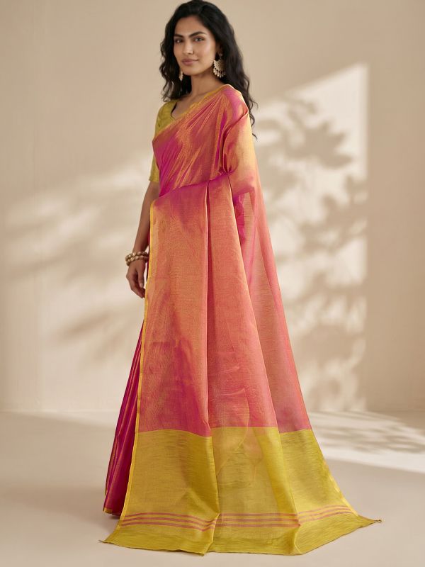 Globus Women Pink Tissue Silk Colorblock Stripe Detail Shiny Festive Saree With Unstitched Blouse Piece
