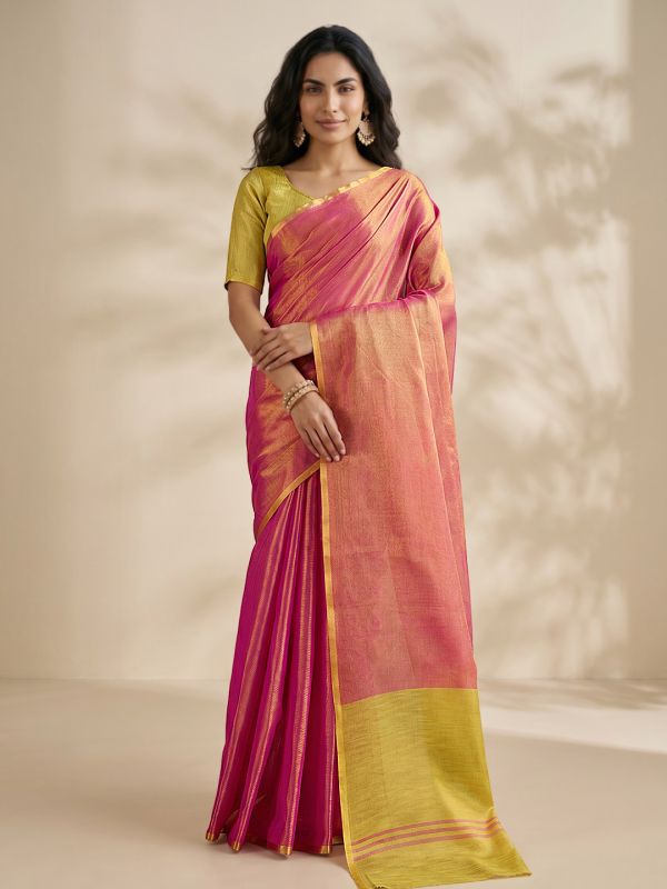 Globus Women Pink Tissue Silk Colorblock Stripe Detail Shiny Festive Saree With Unstitched Blouse Piece