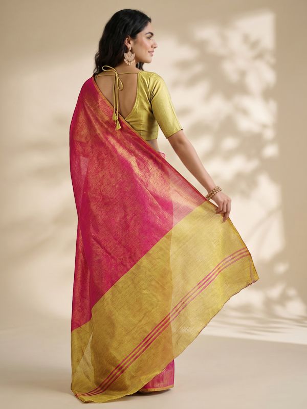 Globus Women Pink Tissue Silk Colorblock Stripe Detail Shiny Festive Saree With Unstitched Blouse Piece