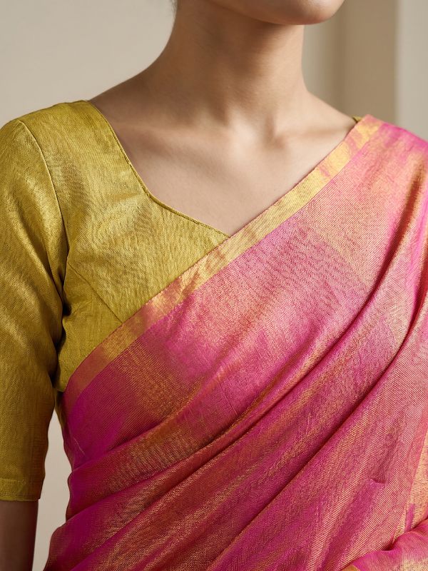 Globus Women Pink Tissue Silk Colorblock Stripe Detail Shiny Festive Saree With Unstitched Blouse Piece