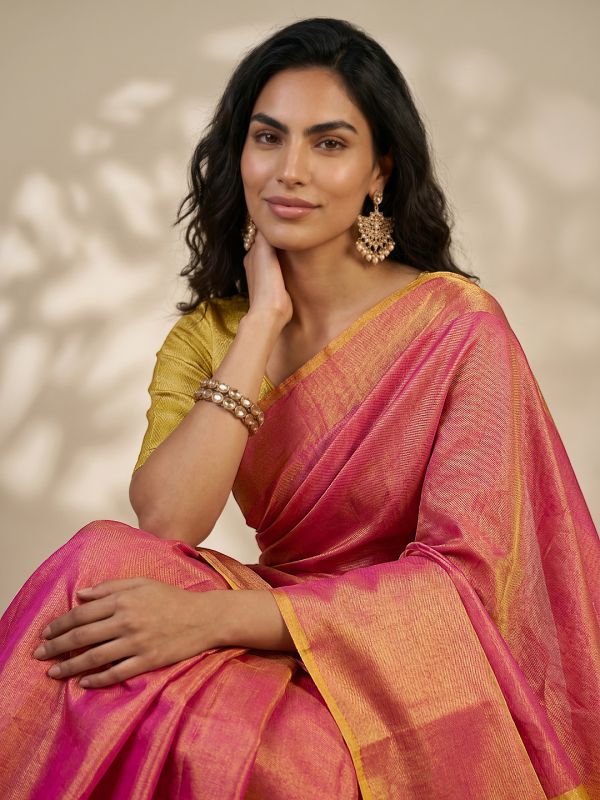 Globus Women Pink Tissue Silk Colorblock Stripe Detail Shiny Festive Saree With Unstitched Blouse Piece