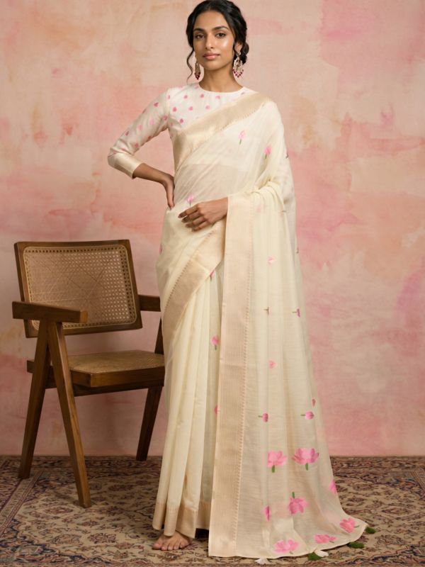 Globus Women Off White Cotton Silk Floral Print Woven Design Tassel Border Saree With Unstitched Blouse Piece
