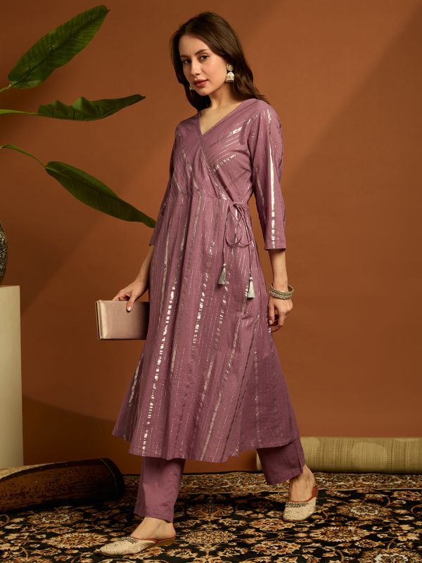 Globus Women Lavender Woven Design V-neck Drawstring Tassel Detail A-line Kurta & Pants Festive Set