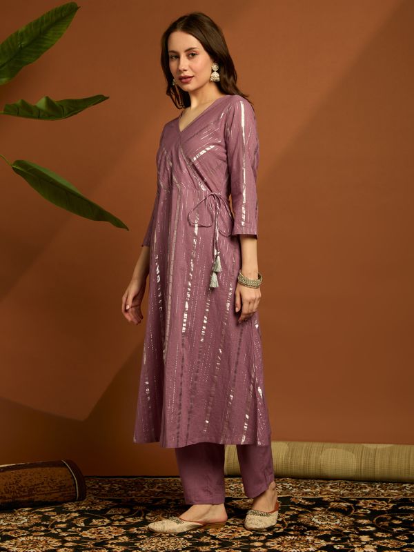 Globus Women Lavender Woven Design V-neck Drawstring Tassel Detail A-line Kurta & Pants Festive Set