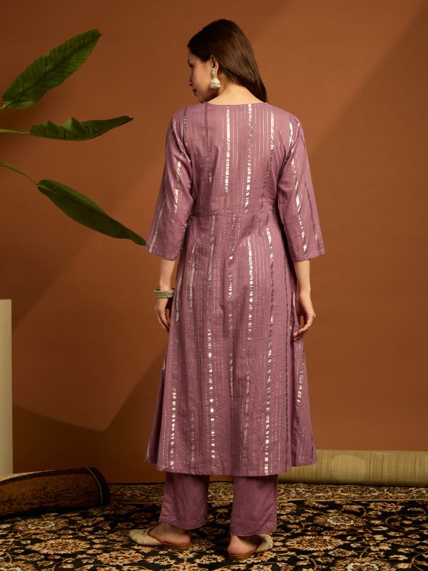 Globus Women Lavender Woven Design V-neck Drawstring Tassel Detail A-line Kurta & Pants Festive Set