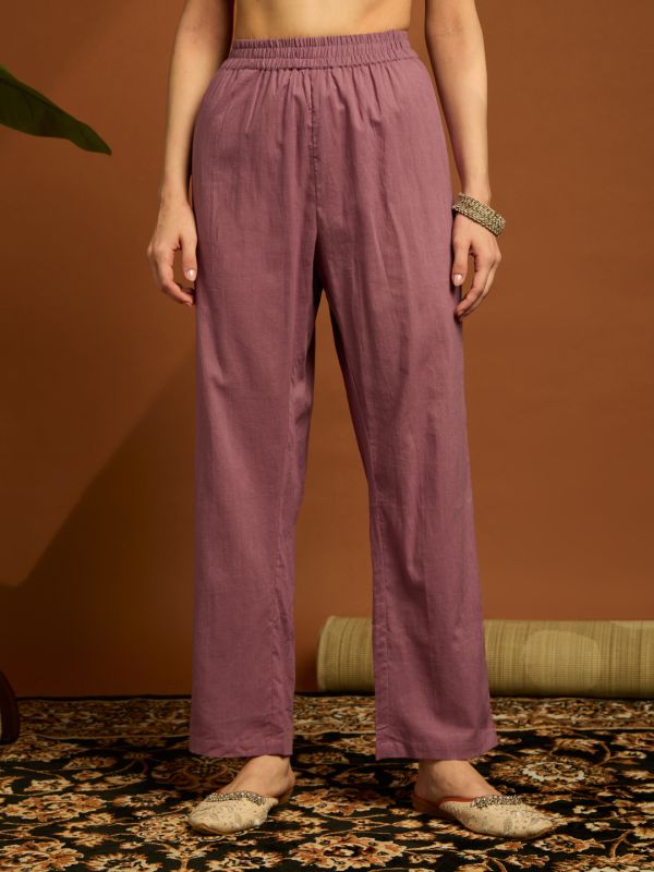Globus Women Lavender Woven Design V-neck Drawstring Tassel Detail A-line Kurta & Pants Festive Set