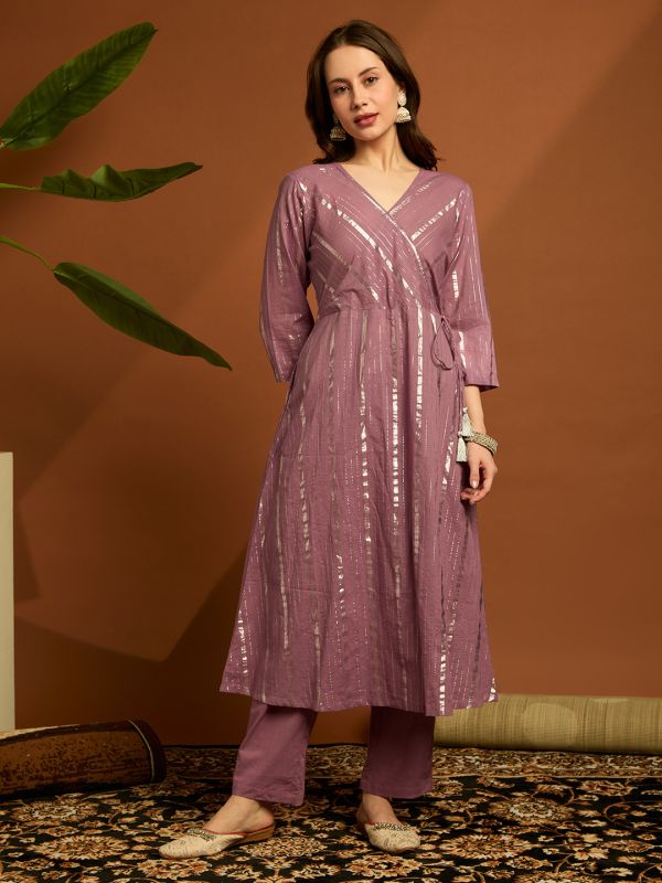 Globus Women Lavender Woven Design V-neck Drawstring Tassel Detail A-line Kurta & Pants Festive Set