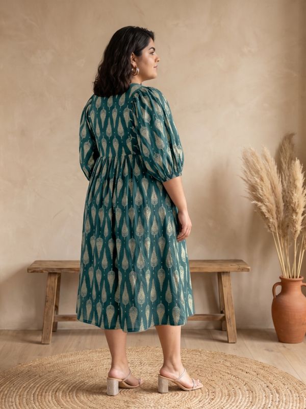 Globus Gloplus Women Teal Ethnic Print Round Tie-Up Neck Bishop Sleeves A-Line Plus Size Midi Dress