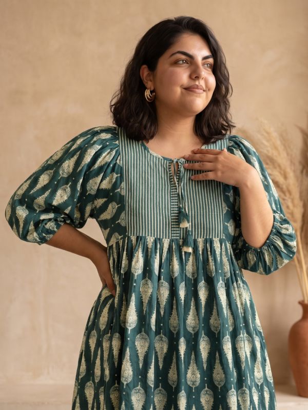 Globus Gloplus Women Teal Ethnic Print Round Tie-Up Neck Bishop Sleeves A-Line Plus Size Midi Dress