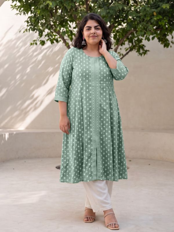 Globus Gloplus Women Green Round Neck Ethnic Foil Print Front Slit Flared Hem Panelled Plus Size A-line Kurta