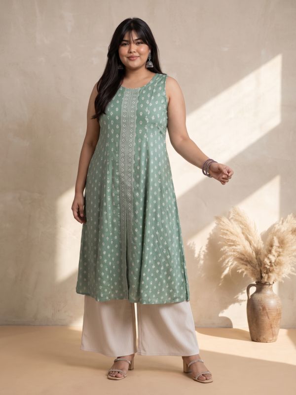 Globus Gloplus Women Green Round Neck Ethnic Foil Print Front Slit Flared Hem Panelled Plus Size A-line Kurta