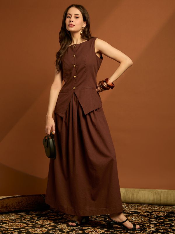 Globus Women Brown Round Neck Sleeveless Pocket Detail Vest Top with Pleated Flared Skirt Co-ord Sets