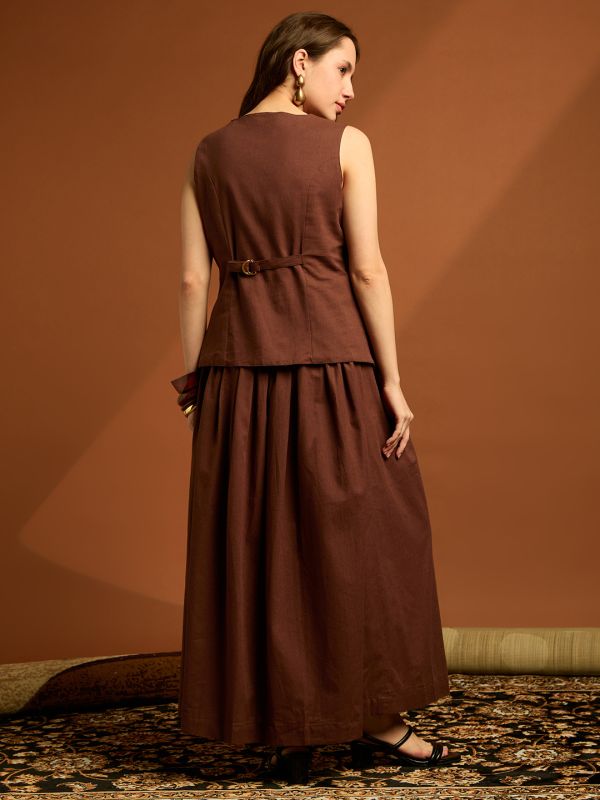 Globus Women Brown Round Neck Sleeveless Pocket Detail Vest Top with Pleated Flared Skirt Co-ord Sets