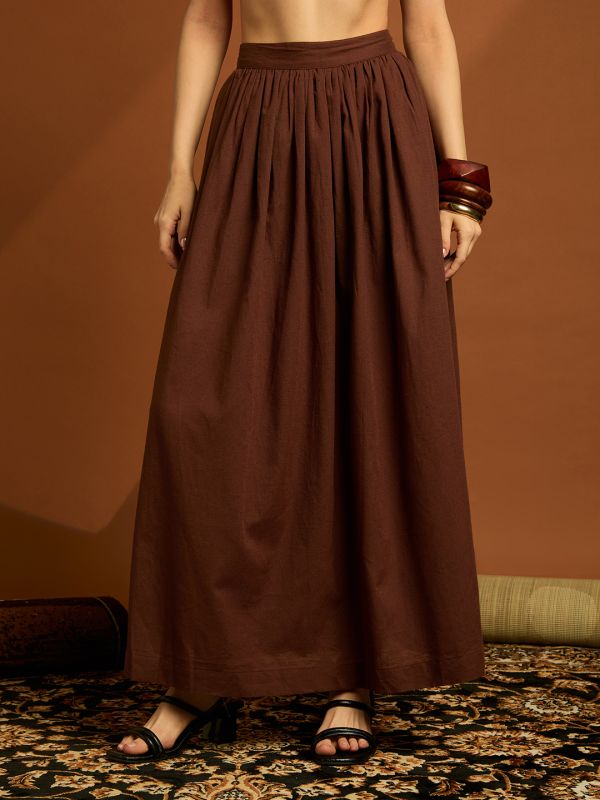 Globus Women Brown Round Neck Sleeveless Pocket Detail Vest Top with Pleated Flared Skirt Co-ord Sets