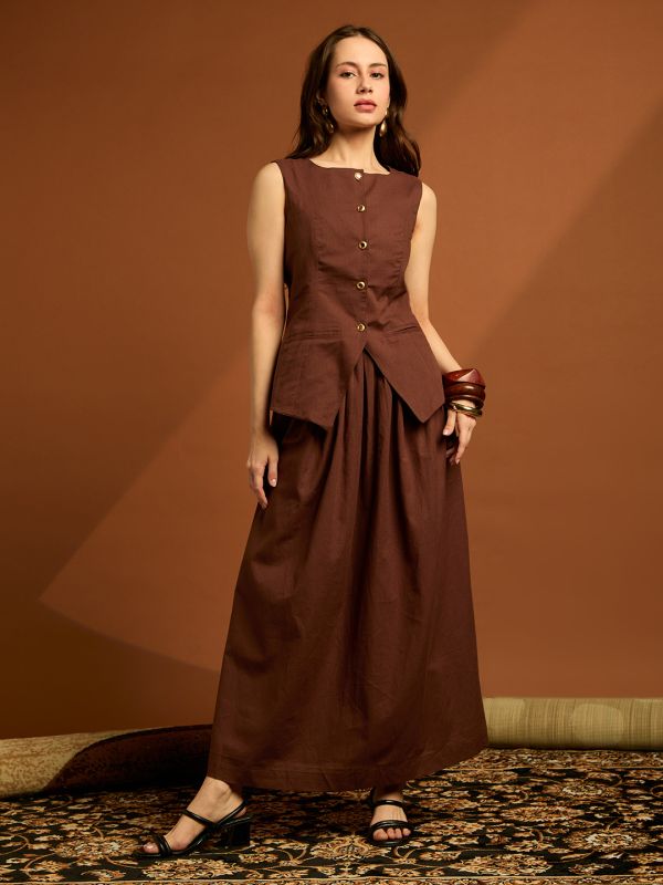 Globus Women Brown Round Neck Sleeveless Pocket Detail Vest Top with Pleated Flared Skirt Co-ord Sets