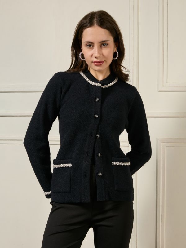 Globus Women Black Round Neck Long Sleeves Front Pockets Pearl Beaded Woollen Winterwear Overcoat