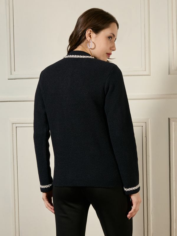 Globus Women Black Round Neck Long Sleeves Front Pockets Pearl Beaded Woollen Winterwear Overcoat
