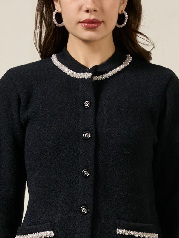 Globus Women Black Round Neck Long Sleeves Front Pockets Pearl Beaded Woollen Winterwear Overcoat