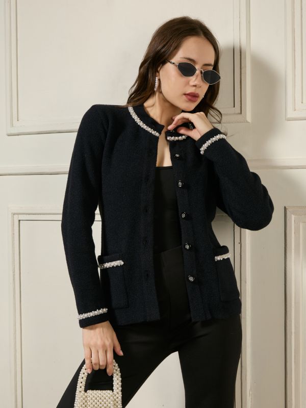 Globus Women Black Round Neck Long Sleeves Front Pockets Pearl Beaded Woollen Winterwear Overcoat