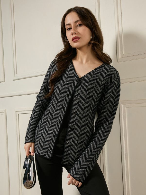 Globus Women Black V-neck Long Sleeves Shimmer Chevron Self Design Woollen Winterwear Overcoat
