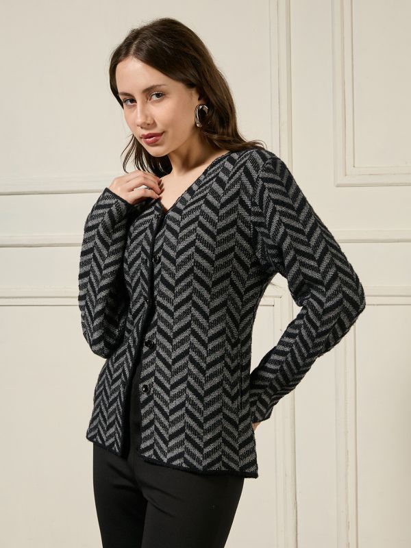 Globus Women Black V-neck Long Sleeves Shimmer Chevron Self Design Woollen Winterwear Overcoat