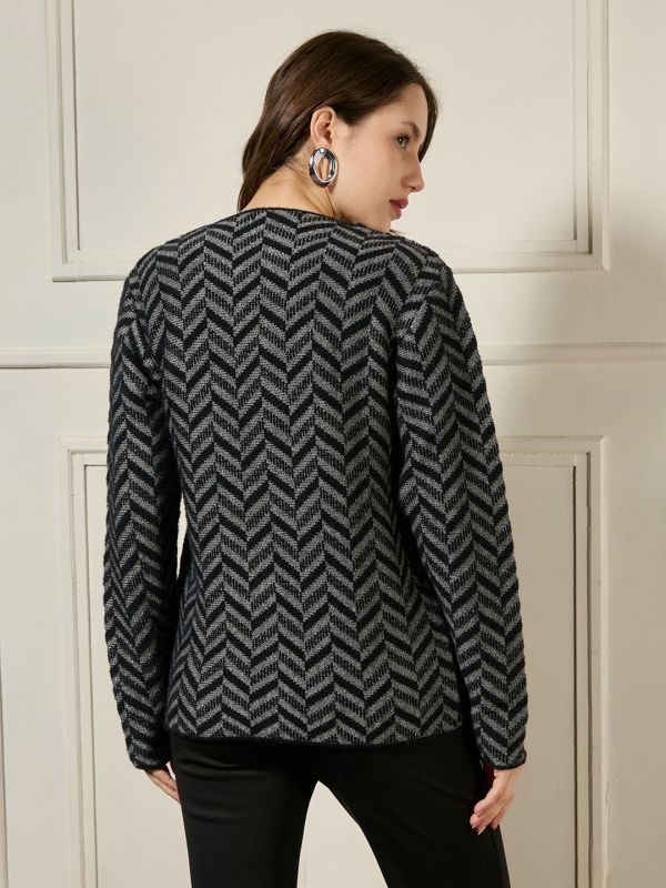 Globus Women Black V-neck Long Sleeves Shimmer Chevron Self Design Woollen Winterwear Overcoat