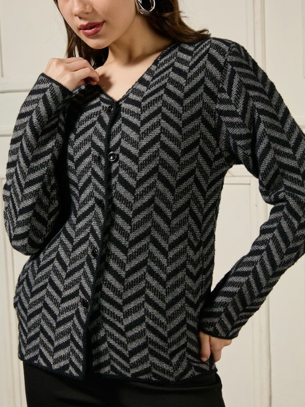 Globus Women Black V-neck Long Sleeves Shimmer Chevron Self Design Woollen Winterwear Overcoat