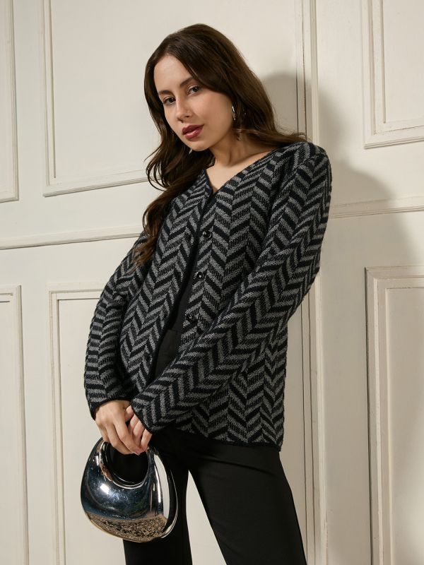 Globus Women Black V-neck Long Sleeves Shimmer Chevron Self Design Woollen Winterwear Overcoat