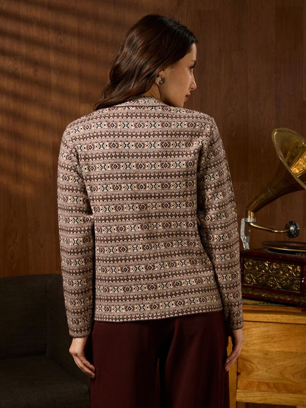 Globus Women Beige Mandarin Collar Long Sleeves Shimmer Geometric Self Design Woollen Winterwear Overcoat