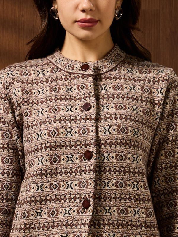 Globus Women Beige Mandarin Collar Long Sleeves Shimmer Geometric Self Design Woollen Winterwear Overcoat