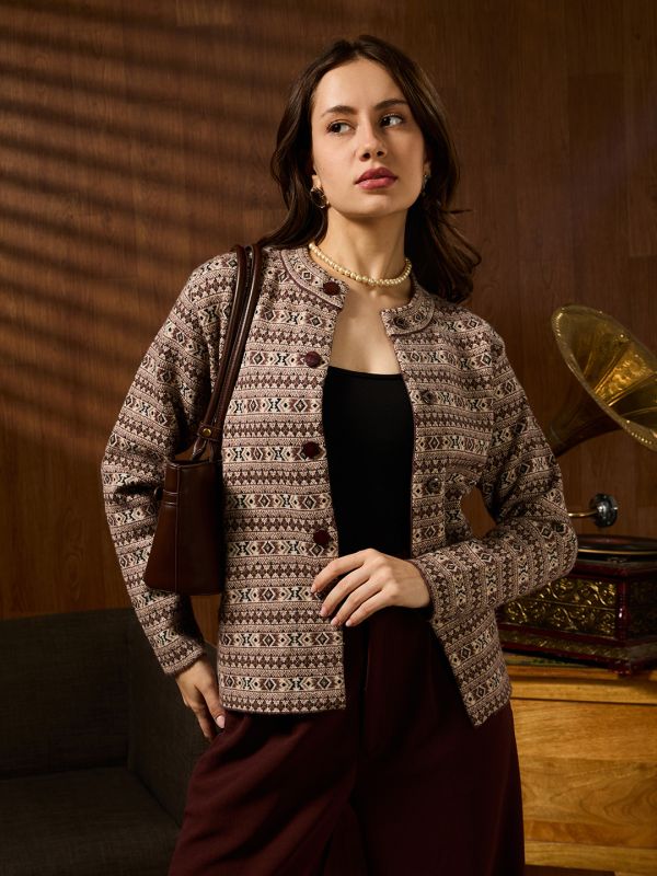 Globus Women Beige Mandarin Collar Long Sleeves Shimmer Geometric Self Design Woollen Winterwear Overcoat